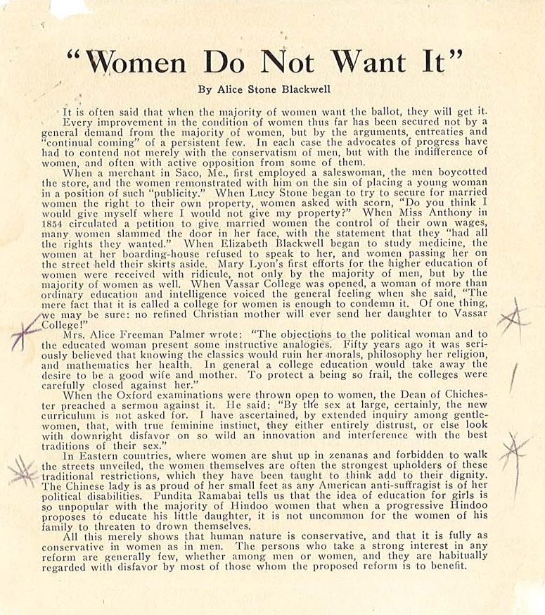 Article - "Women Do Not Want It," by Alice Stone Blackwell, n.d.  