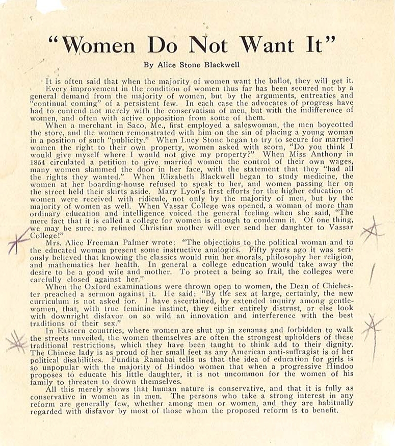 Article - "Women Do Not Want It," by Alice Stone Blackwell, n.d.  