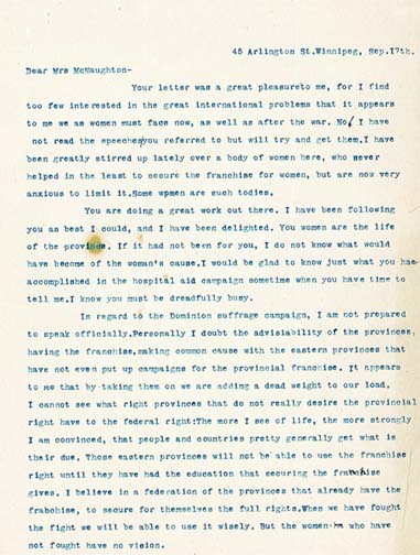 Letter from Lillian B. Thomas, Winnipeg, to Violet McNaughton, 17 September [ca. 1916-1919?]