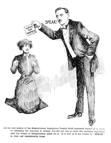 editorial cartoon showing Premier Walter Scott making women beg for the vote, from Grain Growers' Guide, 26 February 1913